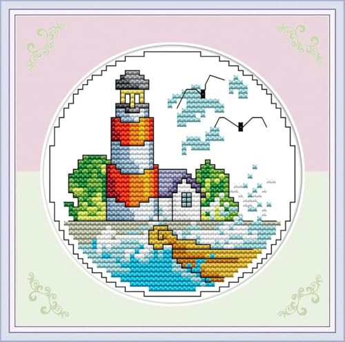 yade-show Kreuzstich-Stickset, Muster bedruckt, 11 ct, Sommer, Küste, Leuchtturm, Möwenlandschaft, bedruckt, DIY-Wandkunst, Handarbeitsset, 40 x 50 cm von yade-show