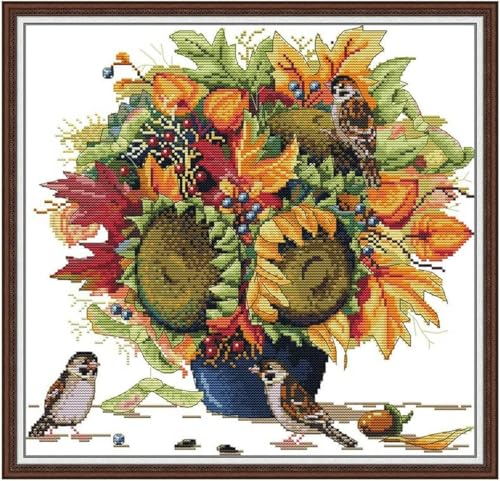 yade-show Kreuzstich-Stickset, Muster bedruckt, 11 ct, Spatz und Blumen, bedruckt, DIY-Wandkunst, Handarbeitsset, 40 x 50 cm von yade-show