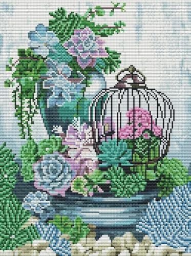 yade-show Kreuzstich-Stickset, Muster bedruckt, 11 ct, bunte Sukkulenten, vorgedruckt, DIY-Wandkunst, Handarbeitsset, 40 x 50 cm von yade-show