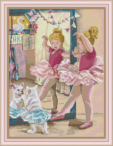 yade-show Kreuzstich-Stickset, Muster gedruckt, 11 ct, Mädchen, tanzender Hund, bedruckt, DIY-Wandkunst, Handarbeitsset, 40 x 50 cm von yade-show