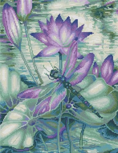 yade-show Kreuzstich-Stickset, Muster gedruckt, 11 ct, blühender lila Lotus und Libelle, bedruckt, DIY-Wandkunst, Handarbeitsset, 40 x 50 cm von yade-show