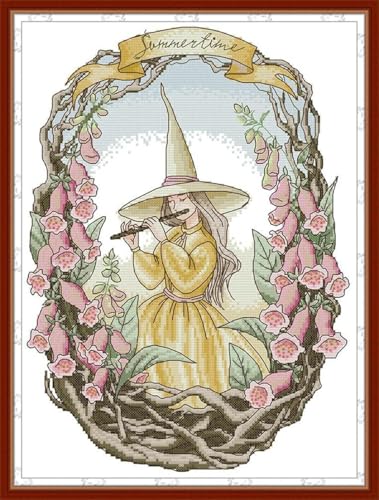 yade-show Kreuzstich-Stickset, Muster gedruckt, 11ct, Sommerkonzert, magische Hexe, rosa Prunkwinde, bedruckt, DIY-Wandkunst, Handarbeitsset, 40 x 50 cm von yade-show