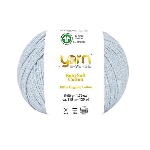 Babysoft Baumwollgarn, Garn E-verse, 100 % Bio-Baumwolle, weich und hypoallergen, ideal für Baby-Stricken, Häkeln, Amigurumi & DIY-Projekte, Bio-Textil-zertifiziert, 50 g (1, 117 Babyblau) von yarn e-verse