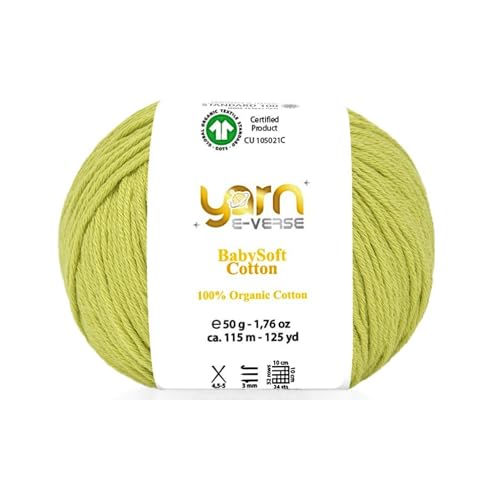 Babysoft Baumwollgarn, Garn E-verse, 100 % Bio-Baumwolle, weich und hypoallergen, ideal für Baby-Stricken, Häkeln, Amigurumi & DIY-Projekte, Bio-Textil-zertifiziert, 50 g (1, 126 Pistaziengrün) von yarn e-verse