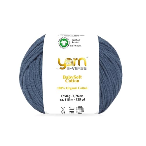 Babysoft Baumwollgarn, Garn E-verse, 100 % Bio-Baumwolle, weich und hypoallergen, ideal für Baby-Stricken, Häkeln, Amigurumi & DIY-Projekte, Bio-Textil-zertifiziert, 50 g (1, 134 Dunkelblau) von yarn e-verse
