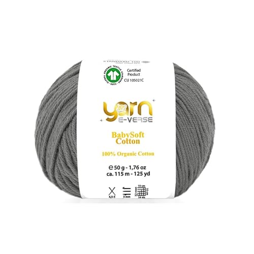 Babysoft Baumwollgarn, Garn E-verse, 100 % Bio-Baumwolle, weich und hypoallergen, ideal für Baby-Stricken, Häkeln, Amigurumi- und DIY-Projekte, Bio-Textil-zertifiziert, 50 g (1, 135 Aschgrau) von yarn e-verse