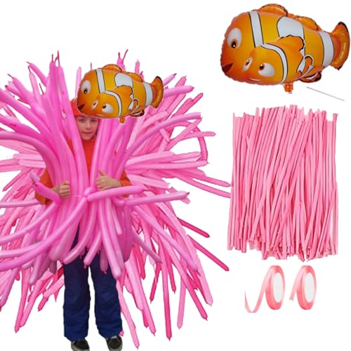 Halloween-Kostüm mit Clownfisch-Folienballon, rosa langen Luftballons, Korallenfischen und rosa Satinbändern für Cosplay, Verkleidungen unter dem Meer Halloween-Kostüm mit Clownfisch-Folienballon, rosa langen Luftballons, Korallenfischen und rosa Satinbändern für Cosplay, Verkleidungen unter dem Meer von yaxwhty