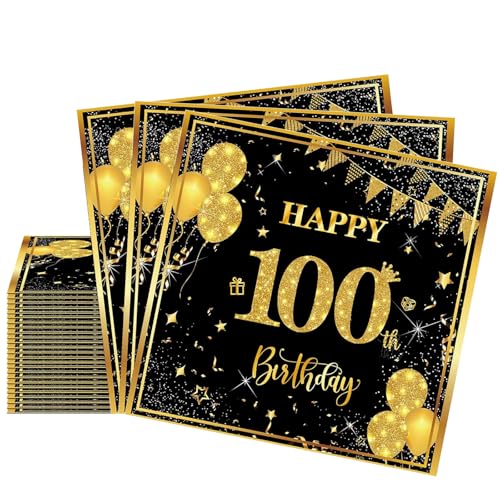 20 Stück Servietten 100, 2-Lagig Happy Birthday Servietten Geburtstag Schwarz Gold,16X16Cm Cocktail Serviette Einweg Tischdekoration Papierservietten für Mann Frau Geburtstag Feiern Party Jubiläum von yayafunfun