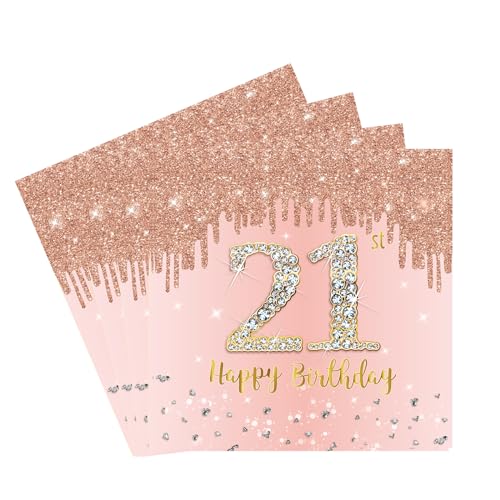 20 Stück Servietten 21, 2-Lagig Happy Birthday Servietten Geburtstag Roségold,16X16Cm Cocktail Serviette Einweg Tischdekoration Papierservietten für Mann Frau Geburtstag Feiern Party Jubiläum von yayafunfun
