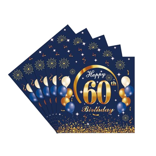 20 Stück Servietten 60, 2-Lagig Happy Birthday Servietten Geburtstag Marineblau,16X16Cm Cocktail Serviette Einweg Tischdekoration Papierservietten für Mann Frau Geburtstag Feiern Party Jubiläum von yayafunfun