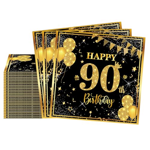 20 Stück Servietten 90, 2-Lagig Happy Birthday Servietten Geburtstag Schwarz Gold,16X16Cm Cocktail Serviette Einweg Tischdekoration Papierservietten für Mann Frau Geburtstag Feiern Party Jubiläum von yayafunfun