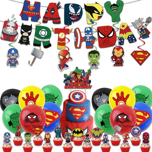44 Stück Superhelden-Geburtstagsparty-Dekorationen, Superhelden-Kinder-Party-Packs mit Happy Birthday-Banner, Superhelden-Luftballons, Marve'l-Kuchenaufsätze, Superhelden-Hängewirbel, 44 Stück Superhelden-Geburtstagsparty-Dekorationen, Superhelden-Kinder-Party-Packs mit Happy Birthday-Banner, Superhelden-Luftballons, Marve'l-Kuchenaufsätze, Superhelden-Hängewirbel, von yayafunfun