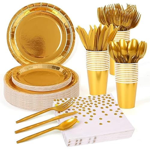 65 Stück Tischdekorationen für Sie, Mädchen, Ihn, Jungen, Geburtstagsgeschirr, Partydekorationen mit Tellern und Servietten, Pappbecher, Tischdecke (Goldene) von yayafunfun