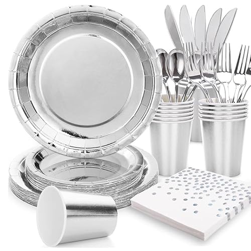 65 Stück Tischdekorationen für Sie, Mädchen, Ihn, Jungen, Geburtstagsgeschirr, Partydekorationen mit Tellern und Servietten, Pappbecher, Tischdecke (Silber) von yayafunfun
