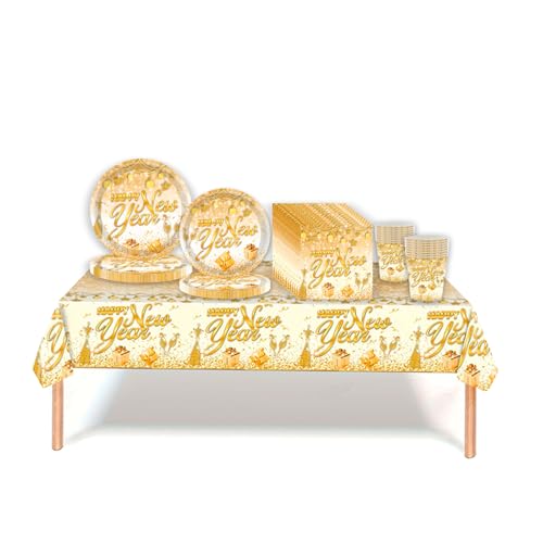69pcs Happy New Year Eve Party Geschirr - Kunststoff Tischdecke Teller Becher Servietten Weiß Gold Geschirr Set für 2025 Silvester Dekorationen von yayafunfun