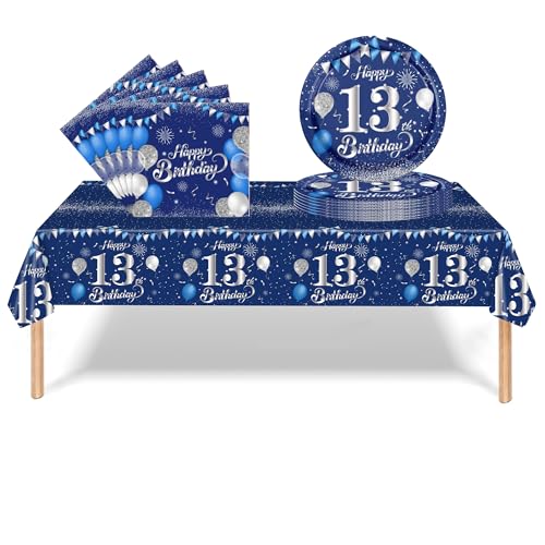 Geschirr-Set zum 13. Geburtstag, Dekoration zum 13. Geburtstag, mit Party-Papptellern und Servietten, Kunststoff-Tischdecke für sie, Mädchen, Jungen, Happy Birthday, Tischdekoration, Geschirr, 37 von yayafunfun