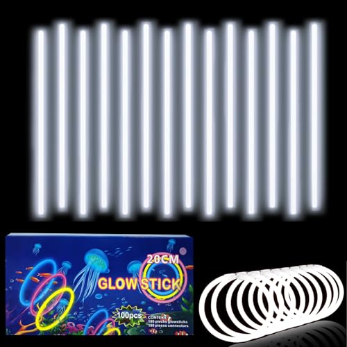 Knicklichter Kinder Party Set Weiß,100 Stück Leuchtstäbe Kinder+100 Verbinder,Schwarzlicht Deko Brillen&Armreifen Für Halloween,Weihnachten, Geburtstage,Hochzeit,Neon Leuchtstäbe Party Accessoires Set von yayafunfun