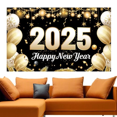 Happy Year Banner, Silvester Banner Hintergrund Dekorationen, 70 x 43 Zoll Schwarz Gold Ballon Thema Silvester Stoffplakat, Frohes neues Jahr Banner 2025, Frohes neues Jahr 202 von ycezw