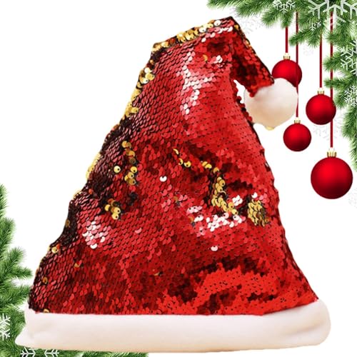 ycezw Glitzernder Weihnachtsmannhut mit Pailletten | Weihnachtsmann-Kostümhut mit glitzernden Pailletten und Bommel – glitzernde Paillettenhüte, Weihnachtsmütze, Weihnachtsmützen von ycezw