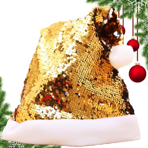 ycezw Pailletten-Weihnachtsmütze, Weihnachtsmannhut für Damen, Weihnachtsmann-Kostümhut mit glänzenden Pailletten und Bommel, glitzernde Paillettenhüte, Hüte von ycezw