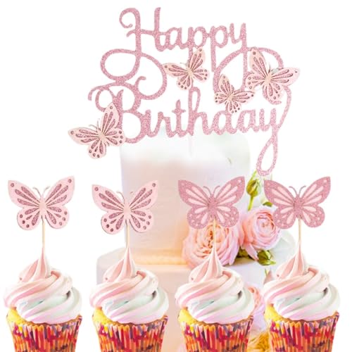13 x glitzernde Schmetterlings-Kuchenaufsätze: Geburtstagskuchendekoration, Papier-Cupcake-Picker von yeeplant