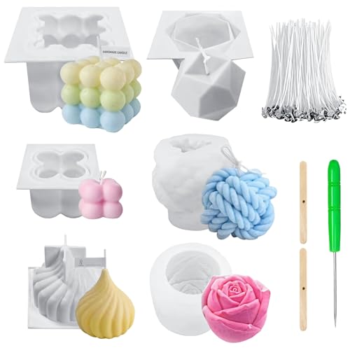 6 Silikon-Kerzenformen-Set zum Selbermachen, inklusive 100 Dochten und Holzdochthaltern, 3D-Formen für Wachs und Duftkerzen, Bastelprojekte 6 Silikon-Kerzenformen-Set zum Selbermachen, inklusive 100 Dochten und Holzdochthaltern, 3D-Formen für Wachs und Duftkerzen, Bastelprojekte von yeeplant