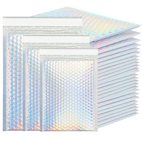 Glamour-Luftpolster-Versandtaschen, metallische Luftpolster-Versandtaschen, selbstklebend, holografische Glamour-Versandtaschen mit Luftpolsterfutter, für Make-up-Werkzeuge, Schmuck, Handys, 50 Stück Glamour-Luftpolster-Versandtaschen, metallische Luftpolster-Versandtaschen, selbstklebend, holografische Glamour-Versandtaschen mit Luftpolsterfutter, für Make-up-Werkzeuge, Schmuck, Handys, 50 Stück von yeeplant