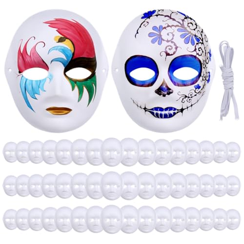 Weiße Vollgesichtsmasken, blanko Pappmaché-Masken mit verstellbaren Bändern für Malerei, Maskerade, Cosplay und Wanddekoration, 50 Stück Weiße Vollgesichtsmasken, blanko Pappmaché-Masken mit verstellbaren Bändern für Malerei, Maskerade, Cosplay und Wanddekoration, 50 Stück von yeeplant