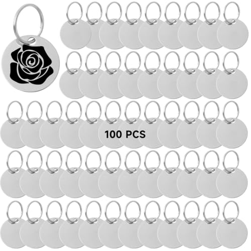 yeeplant 100 runde Hundemarken aus poliertem Edelstahl zum Gravieren, mit Loch und Schlüsselringen für Haustiermarken und Schmuck von yeeplant