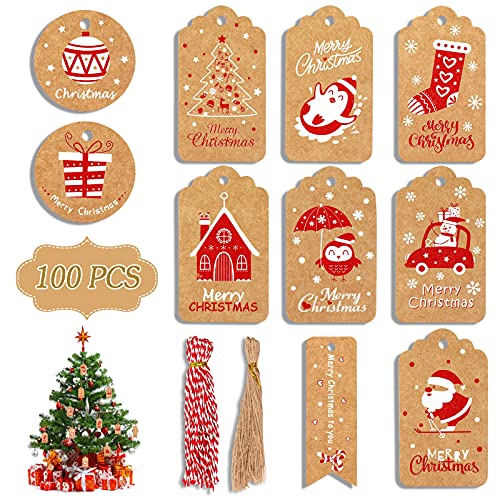 yeestone Weihnachten, 100Stk yeestone Kraftpapier Weihnachtsanhänger, Umweltfreundlich Anhänger Etiketten mit Jute-Schnur und Rot und Weiß Bindfäden für Geschenke (in 10 Stilen) von yeestone