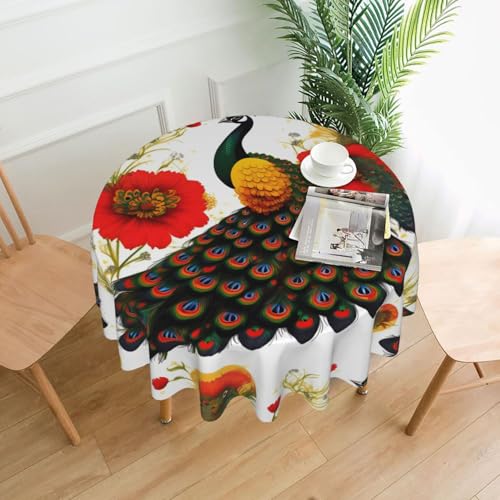 yefan Runde Tischdecke mit Pfauenrot-Blume, ca. 152,4 cm, für Innen- und Außenbereich, für Küchenpartys von yefan