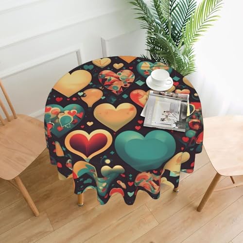 yefan Runde Tischdecke mit bunten Herzen, ca. 152,4 cm, für Innen- und Außenbereich, für Küchenpartys von yefan