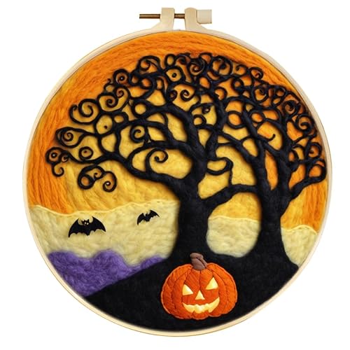 Halloween Nadelfilz Kit, Filzmalerei Kits für Anfänger, Fledermaus Filz Malset mit Wolle, Starter Nadelfilzpad, Filznadeln, Filzwolle, Dekorrahmen (Gelb) von yesJRL