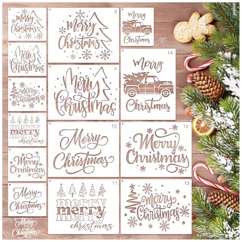 Frohe Weihnachten Schablonen zum Malen auf Holzschildern, wiederverwendbar, kleine und große Frohe Weihnachten, Schablone für Türhänger, Fußmatten, Zuhause, Leinwand, Handwerk, Wandurlaub (Merry14) von yhslmh