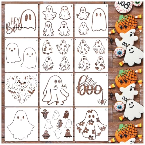 Geister-Schablone zum Malen auf Holzschildern, wiederverwendbare Halloween-Geister-Schablone zum Bemalen von Fußmatte, Kuchen, Türmatten, Leinwand, Basteln, Türhänger (boo12) von yhslmh