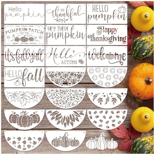 Herbst-Schablonen zum Malen auf Holzschildern, große Herbst-Schablone mit Hello-Kürbis-Erntedankfest für Bastelarbeiten, wiederverwendbare Fußmatte, Fußmatten, Leinwand, Türhänger (half20) von yhslmh