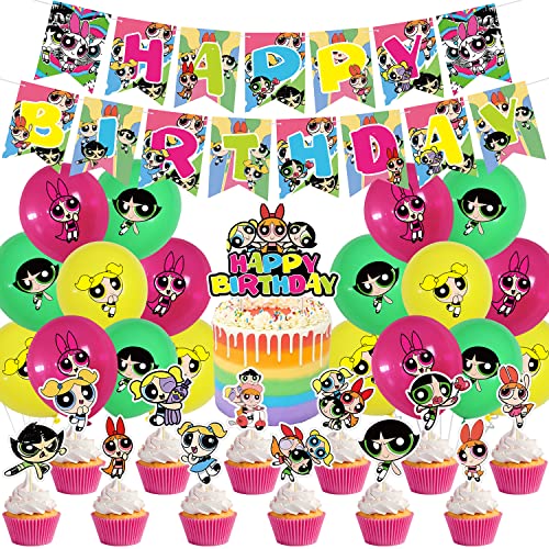 Powerpuff Mädchen-Geburtstagspartyzubehör, Powerpuff Mädchen-Dekorationen umfassen Kuchenaufsatz, Cupcake-Topper, Banner, Luftballons für Mädchen, Kinder, Party-Dekorationen von yingde