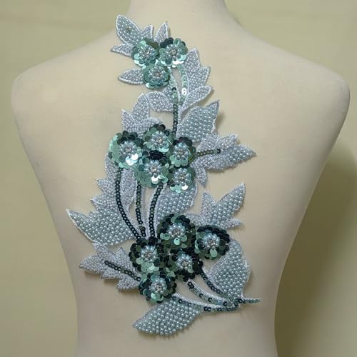 Bestickte Spitzenapplikation Pailletten Perlen Dekoration/Bekleidungszubehör/Hochzeit Kopfbedeckung/Hochzeit Aufkleber Blumen (Hellblau) von yinqinUSP