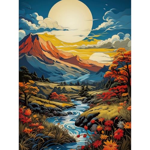 Gemartmall Berg Malen Nach Zahlen für Erwachsene - Landschaft Sonnenuntergang Acrylfarbe Set zur Geschenk und Heimdekoration (30x40cm) von Gemartmall