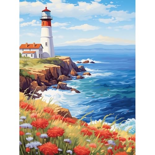 Gemartmall Leuchtturm Malen Nach Zahlen für Erwachsene - Ozean Meerblick Acrylfarbe Set zur Geschenk und Heimdekoration (30x40cm) von Gemartmall