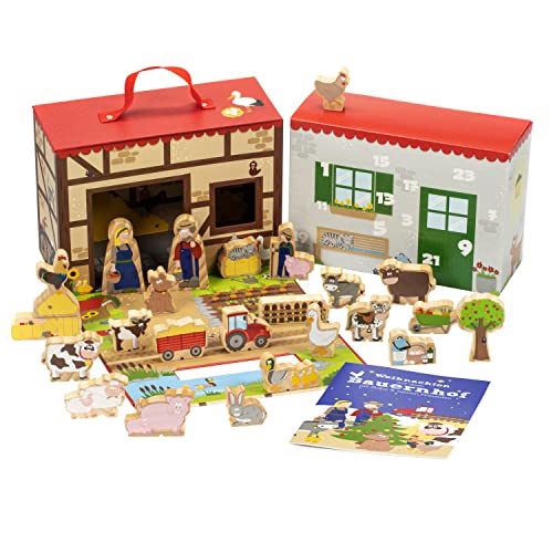 yoamo Bauernhof Adventskalender für Kinder mit 24 Holzfiguren, hochwertigem Spielkoffer und weihnachtlicher Tier-Geschichte, Mehrfarbig, 27-teilig (1 Set) von yoamo