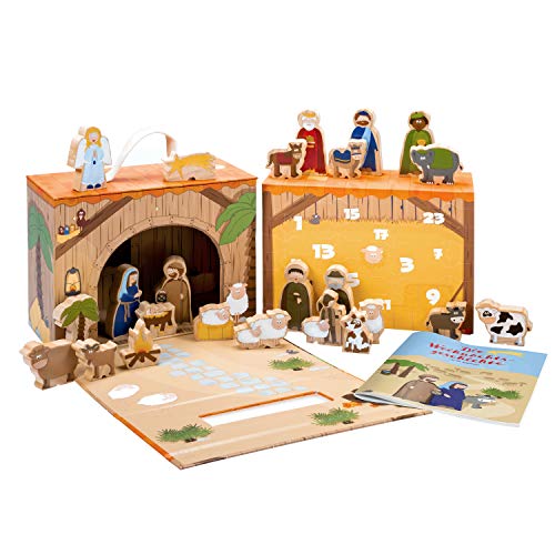 yoamo Spielkrippe Adventskalender für Kinder mit 24 Holzfiguren, hochwertigem Spielkoffer und Weihnachts-Geschichte, 27-teilig (1 Set) von yoamo