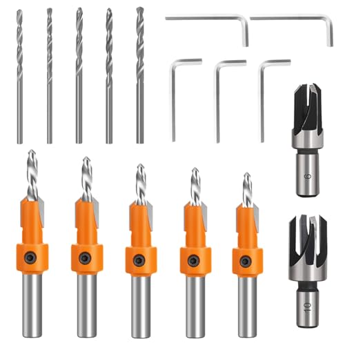 Senkbohrer Set, 5 Stück Senkbohrer Set für Holz 8mm, 5 Stück Austauschbare Bohrer 2.8/3/3.2/3.5/4mm, 5 Stück Sechskantschlüssel, 2 Stück Holzstopfen Schneider 6/10mm (orange Farbe) von yoivkgo