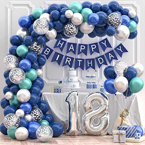 yosiio 18 Geburtstag Deko, 18. Geburtstag Junge Mädchen, 18 Jahr Geburtstagdeko, Happy Birthday Girlande Ballon Blau Silber Deko, Deko 18. Geburtstag Konfetti Luftballons, Birthday Party Decorations von yosiio