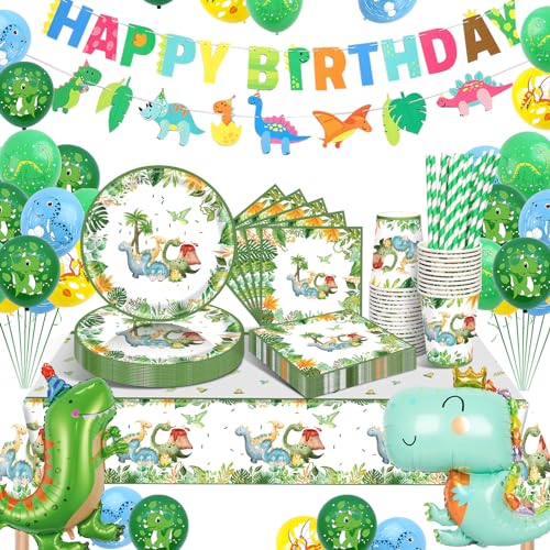 Dinosaurier Party Dekorationen, 16 Gäste Dinosaurier Geschirr, Dinosaurier Geburtstag Dekorationen, Dinosaurier Party Supplies Pappteller Becher Servietten Tischdecke Luftballons für Kinder Geburtstag von yosiio