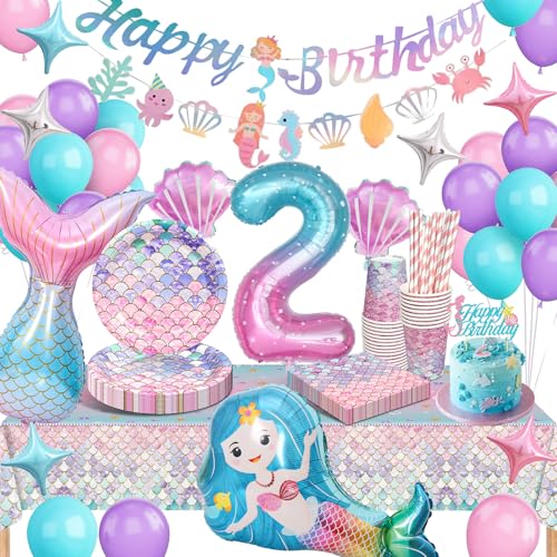 Meerjungfrau Partygeschirr Set, Meerjungfrau Geburtstag Deko 2 Jahre, Geburtstag Party Geschirr, Pappteller Kindergeburtstag Deko mit Luftballons für Geburtstagsdeko Mädchen 2 Jahre (2Jahre) von yosiio