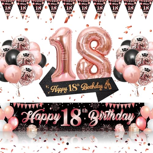 yosiio 18. Geburtstag Deko, Schwarz Rosegold Deko 18. Geburtstag Mädchen, Banner 18 Geburtstag Hintergrund, Birthday Girlande Wimpel, Geburtstags Schärpe, Luftballons 18. Geburtstag für 18 Geburtstag von yosiio