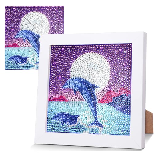 yosiio 5D Diamond Painting Bilder Kinder, Diamond Painting Delfin mit Holzrahmen, DIY Diamant Malerei Set für Kinder Erwachsene, Wohnzimmer Schlafzimmer Büro Wand und Eingang Dekoration, 18x18 cm von yosiio