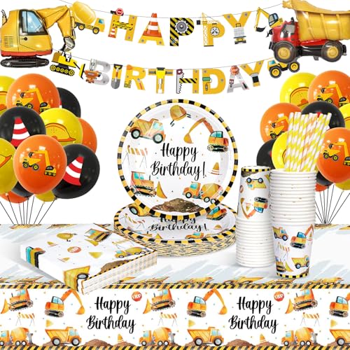 yosiio Bagger Baustelle Partygeschirr Kindergeburtstag, 16 Gäste Pappteller Geburtstag Deko, Bagger Luftballons Pappteller Pappbecher Bagger Servietten Tischdecke für Kindergeburtstag Deko Jungen von yosiio