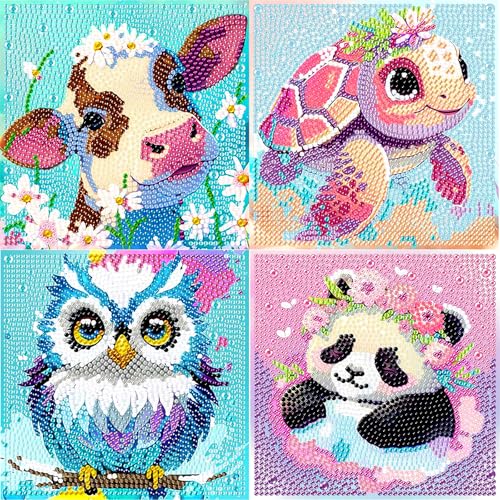 yosiio Diamond Painting Kinder Tiere, 4 Stück Set Full Diamant Painting Bilder Kinder Tiere, 5D DIY Mosaikherstellung Basteln Mädchen 6 7 8 9 10 11 Jahre für Home Wand Decor(15x15cm) von yosiio